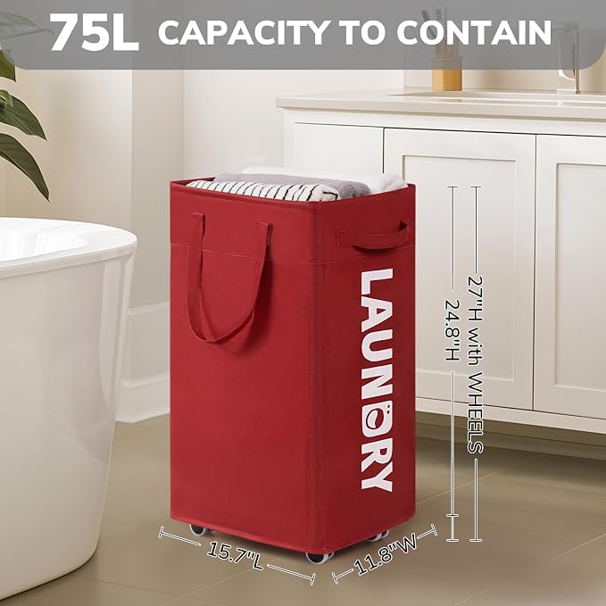 Goodpick 75L Collapsible Laundry Baskets with Removable Wash Bag and Wheels | Laundry Basket with Wheels, Rolling Laundry Hamper with Handle for College Dorm, Laundry Hamper on Wheels, Red