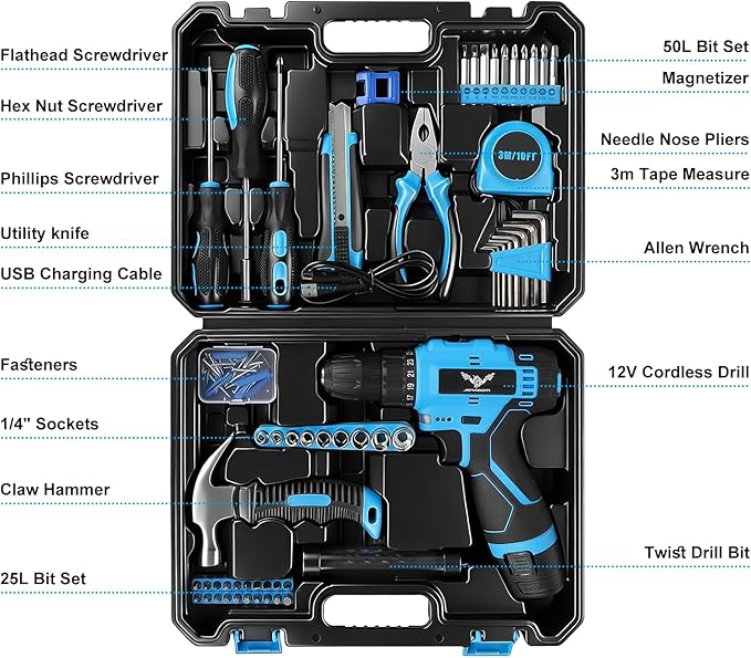 JENABOM Tool Set - 12V Cordless Drill Kit, 146 Piece Home Tool Set With Power Drill, Tool Kits for Men & Women, Perfect for Homeowner, Diyer, Handyman