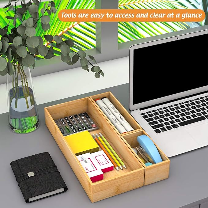Bamboo Kitchen Drawer Organizer 9"x 3", Storage Box for Utensil Organizer | Wooden Silverware Tray Cutlery Holder Flatware Containers, Multi-Use Deep Drawer Dividers Organizer for Bathroom, Jewelry