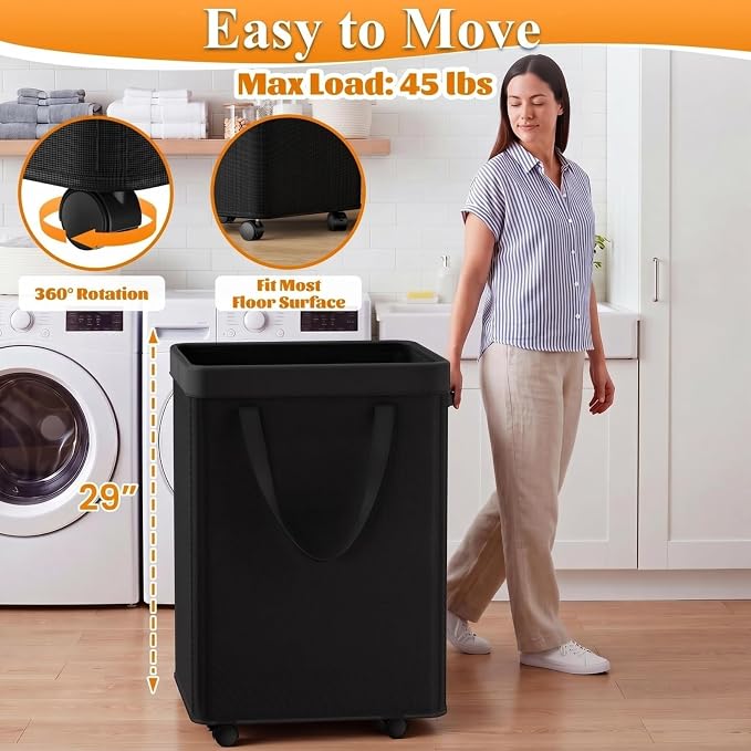 Optish 140L Laundry Hamper with Wheels, Rolling Laundry Basket with Removable Mesh Bag, Extra Large Clothes Hamper for Bedroom, Bathroom, Dorm Room Essentials, Black