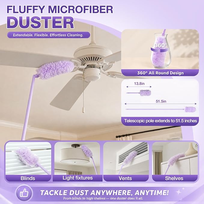 Disposable Duster Set, Thickened & Dense Fiber Duster Refills, 30 Count | 360° Double-Sided with Extension Pole, Unscented, for Electronics, Car Interiors, Blinds, Ceiling Fans, Whole-House Cleaning