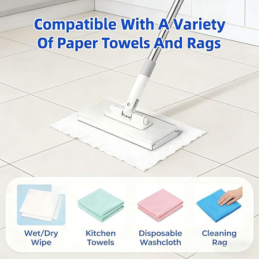 Snap Grip Mini Mop - Zero Touch No Wash Lazy Mop, Compatible with Swiffer & Face Towels, Adjustable for Wet/Dry Floors, Tile, Hardwood, Corners (5 Reusable Cloths)