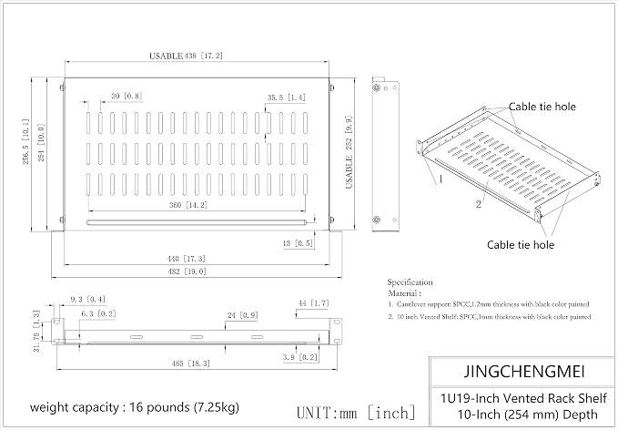 1U Vented Server Rack Shelf Disassembled 10 inches Deep No Lip | Universal Rack Tray for 19 Inches Network Cabinet or Server Rack