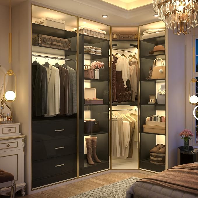 Besiost Corner Closet System with 3 Drawers, Corner Closet Organizer System with 13 Shelves & 3 Hanging Rods, 63.2"L * 39.2"W Reversible L Shaped Walk-in Closets, Load 2000+LBS, Black
