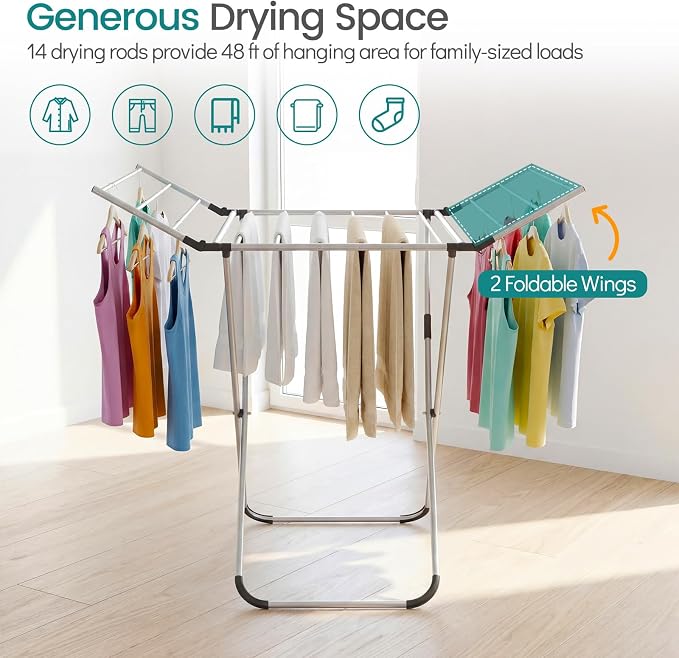 GOFLAME Clothes Drying Rack, Laundry Drying Rack with 2 Foldable Wings, 14 Drying Rods, Free-Standing Collapsible Laundry Airer for Clothes, Towels, Bed Linens, Indoor Outdoor Use, No Assembly Needed