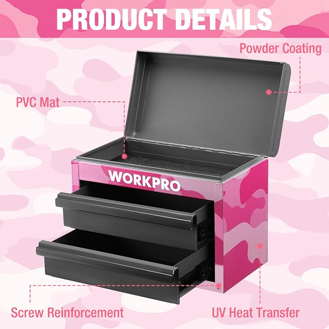 WORKPRO Metal Mini Tool Box with 2 Drawers and Top Storage | Cold Rolled Steel Toolbox, Ball Bearing Slides, PVC Drawer Liners, PP Feet Pads, Durable Storage