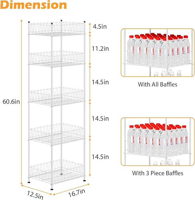 Water Bottle Organizer 5 Tier Water Bottle Storage Rack Beverage Organizer for Pantry, Metal Bottled Water Drink Holder, Large Capacity Soda Can Organizer for Kitchen Party