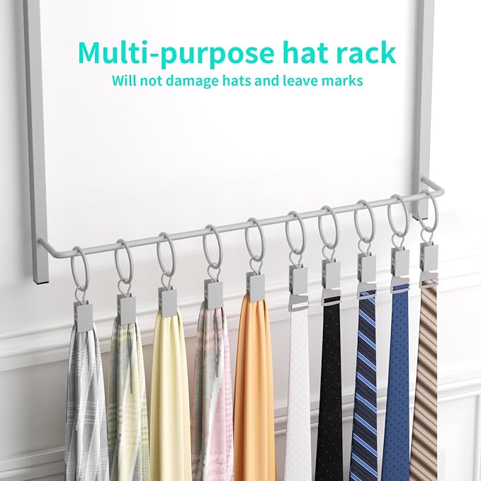 HapiRm Over Door Hat Rack - 3 Tier Wall Mounted Hat Organizer with 16 Hooks and 10 Movable Clips, Cap Hanger Storage up to 26 Caps for Door, Bedroom, Closet USPTO Patent Pending（Silver）