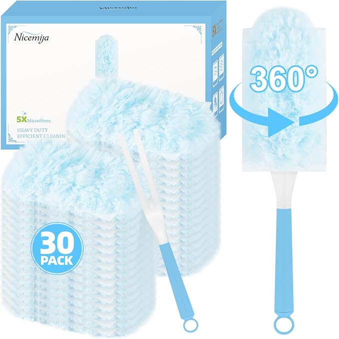 Duster Refills for Swiffer Duster, 30 Count Blue Duster Kit with Handle | 360° Multi-surface Dusters, 5X Microfibers Trap Dust, Disposable Heavy Duty Dusters for Home, Office Cleaning