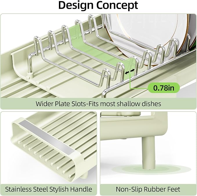TOOLF Small Dish Drying Rack, Mini Expandable Compact Dish Rack, Slim Extendable Stainless Steel Dish Drainer for Kitchen Countertop, Space Saving Dish Strainer, Soft Celery Green