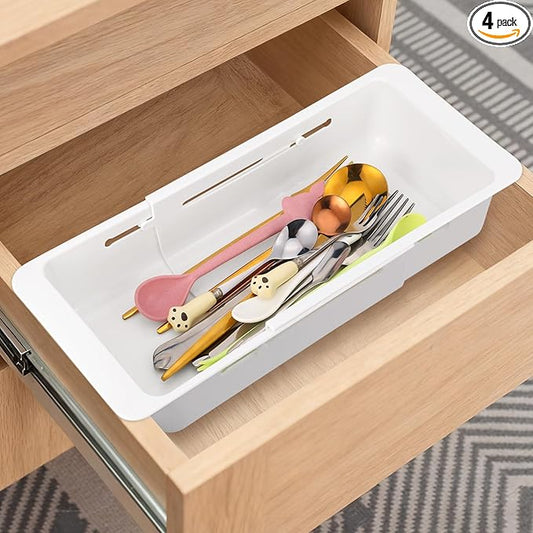 Booson 4 PCS Deep Drawer Organizer Bin Adjustable Sliding Drawer Organizers Expandable Kitchen Organizer Trays for Home Office Makeup Storage Tools