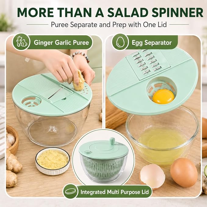 Multifunctional Salad Spinner with Slicer, 3 in 1 Vegetable Fruit Washer Dryer, Kitchen Chopper Tool Set with 5 Interchangeable Blades Egg Separator Large Lettuce Dehydrator | Green