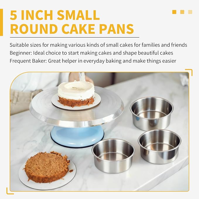 TeamFar 5 Inch Cake Pan Set of 3, Stainless Steel Small Layer Cake Baking Pans Tins, Round Bakeware for Birthday Wedding Party, Non-Toxic & Healthy, Mirror Finish & Dishwasher Safe