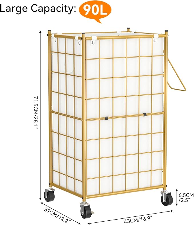 WOWLIVE Rolling Laundry Basket, Metal Wire Frame Laundry Hamper with Wheels | Gold Hamper with Removable Bag, 100L Dirty Clothes Hamper Organizer Dorm Room Storage for Bedroom, Bathroom, Golden