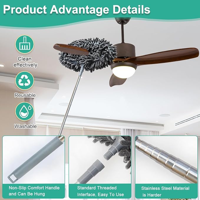Ceiling Fan Cleaner Duster, Cobweb Duster with Extension Pole, Washable and Reusable Microfiber Duster Set for Cleaning Ceiling Fan, High Ceilings, Walls, Bookshelves, Window Door Top, Cobwebs (Gray)
