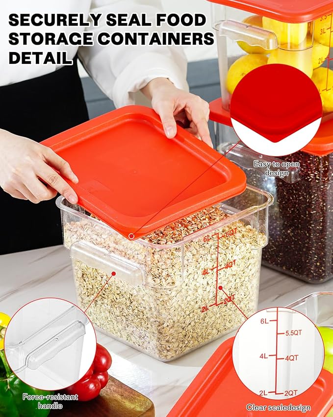8QT NSF Food Storage Containers: 6PCS[Food Grade][Hot&Cold Resistant] Clear Food Storage Containers with Scales Handles for Home Restaurant Kitchen Storage Pizza Proof Dough, BPA Free (N3)