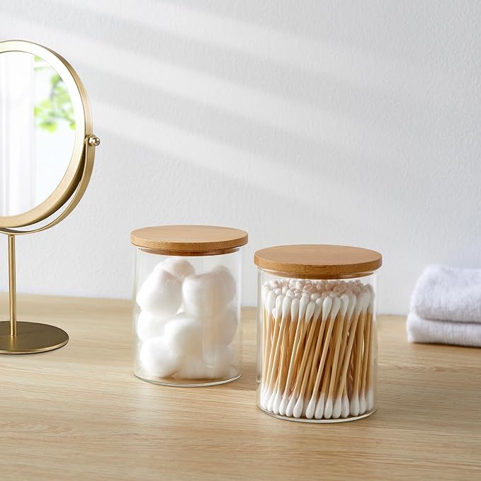 INIUNIK 3 Pack Glass Qtip Holder Dispenser with Bamboo Lid Apothecary Jars Cotton Ball Swab Holder Jar Dispenser Bathroom Vanity Canisters for Countertop Storage and Organization
