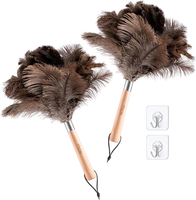 2 Pack Ostrich Feather Dusters for Cleaning with Wooden Handle, 13.5 inch | Natural Fluffy Ostrich Feathers, Washable & Reusable Dusters, Soft Cleaning Tools for Home, Car, Delicate Surfaces