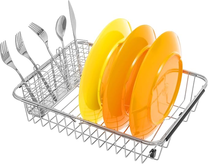 Slideep Cutlery Utensil Silverware Drying Rack, Flatware Storage Solution Basket with Hooks for Kitchen Dish Drainer Dish Drying Rack, RustProof 304 Stainless Steel