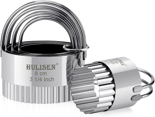 HULISEN Biscuit Cutter Set (5 Pieces/Set), Stainless Steel Round Biscuit Cutters with Handle, Wave Cookies Cutter with Fluted Edge, Professional Baking Dough Tools, Gift Package (Wave)