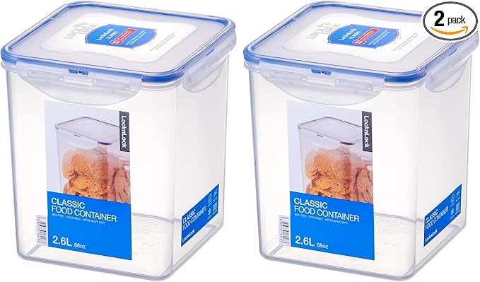 LOCK & LOCK Easy Essentials Plastic Food lids/Pantry Storage/Airtight containers, BPA Free, Square-11 Cup-for Sugar, Clear (Pack of 2)
