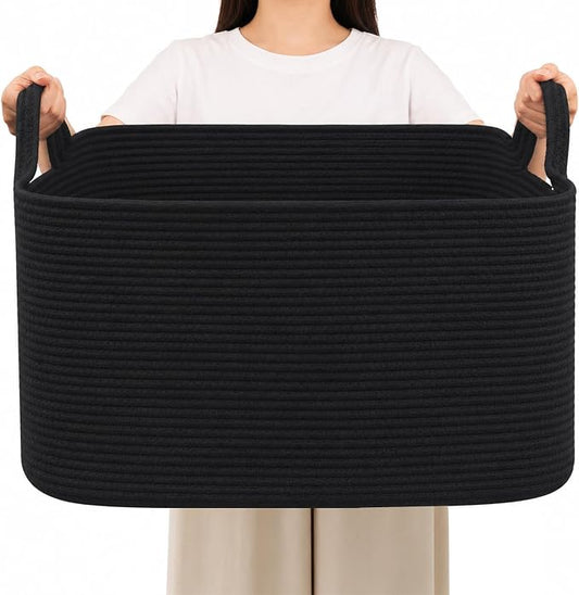 96L Woven Laundry Basket with Handles, Extra Blanket Basket,Black | 24"×16"×15" Collapsible Cotton Rope Storage Basket for Toys Clothes & Pillows, Nursery, Bathroom, Bedroom, Living Room
