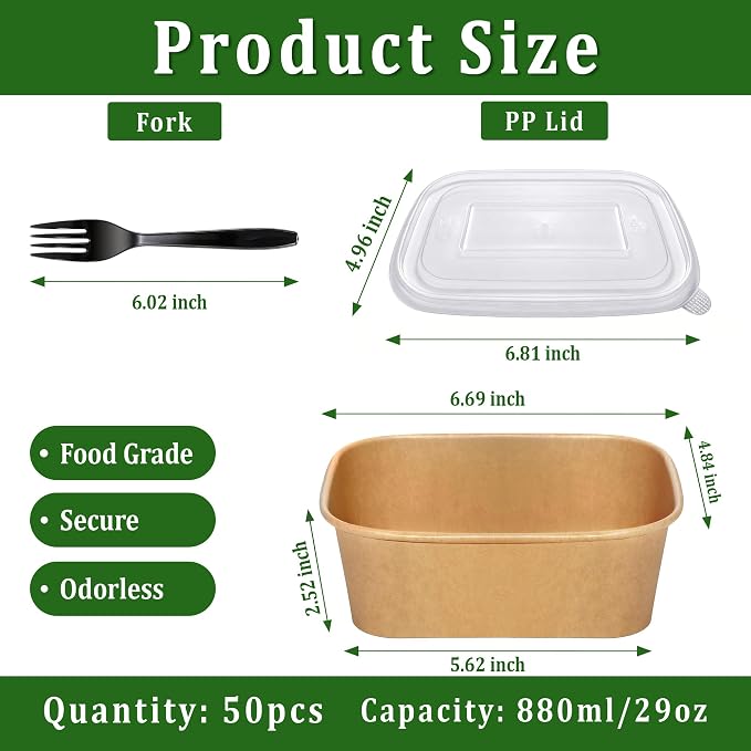 50 Pack 29oz Disposable Meal Prep Containers with Lids and Forks, Microwave and Freezer Safe Kraft Paper Bowls for Salad Noodles, Take Out Containers for Hot/Cold Food