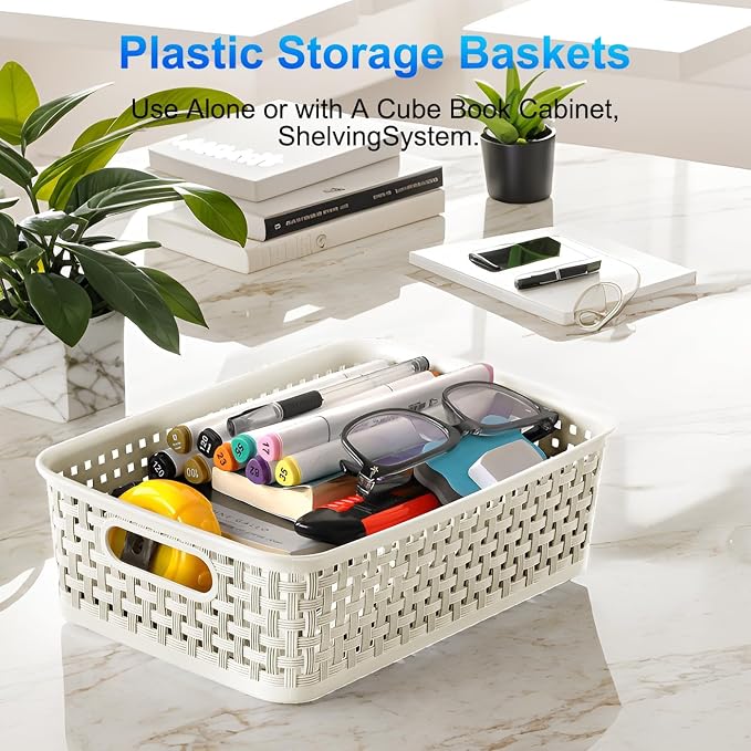 FUCDTEFC White Plastic Basket, 8 Pack Home Organization and Storage Baskets with Handles, Space Saving Woven Organizer Bins Plastic Storage Basket for Organizing Cabinets,Closets, Shelves, Countertops