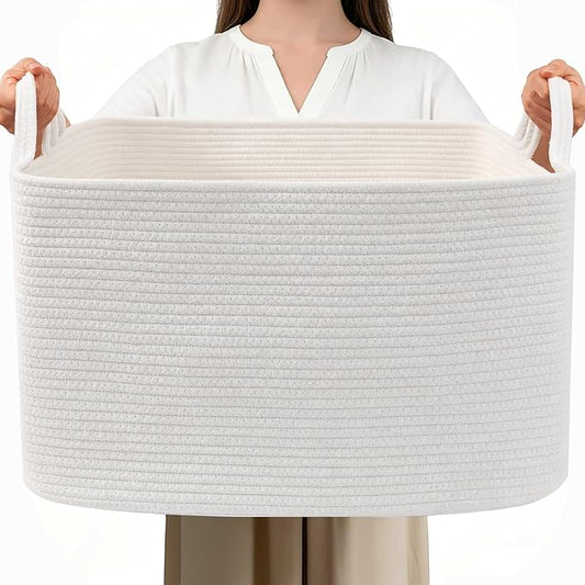 96L Woven Laundry Basket with Handles, Extra Blanket Basket,White | 24"×16"×15" Collapsible Cotton Rope Storage Basket for Toys Clothes & Pillows, Nursery, Bathroom, Bedroom, Living Room