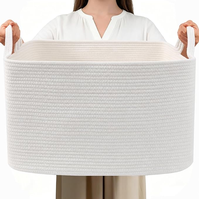 65L Large Laundry Basket with Handles,Woven Blanket Basket,White | 21"×16"×12" Collapsible Cotton Rope Storage Basket for Toys Clothes & Pillows, Nursery, Bathroom, Bedroom, Living Room