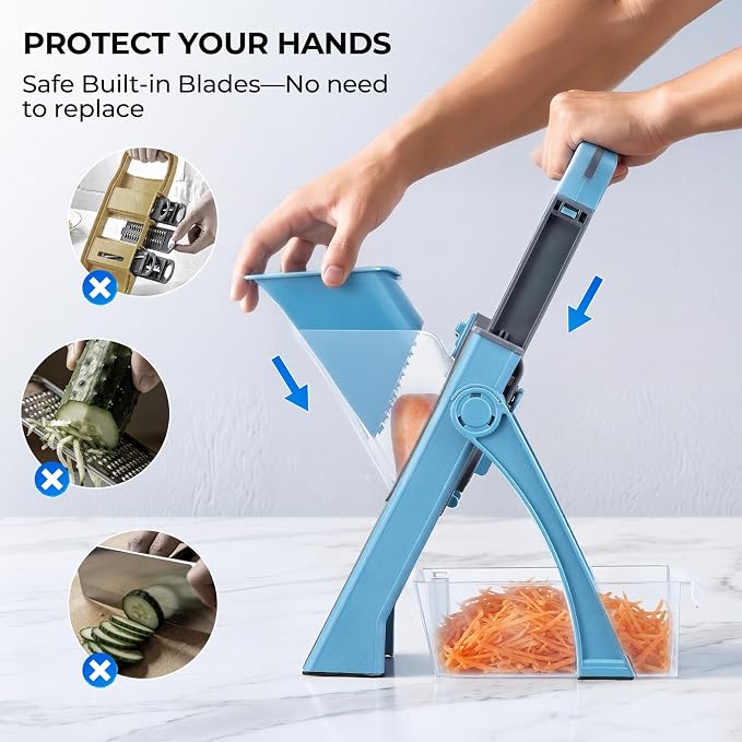 Safe Mandoline Slicer Multi Vegetable Chopper, Foldable 4 in1 Fruit Slicer Dice Strip Shred Veggie Cutter with 0-8mm Thickness Adjustable Built in Blades, Detachable Salad Chopper,110V