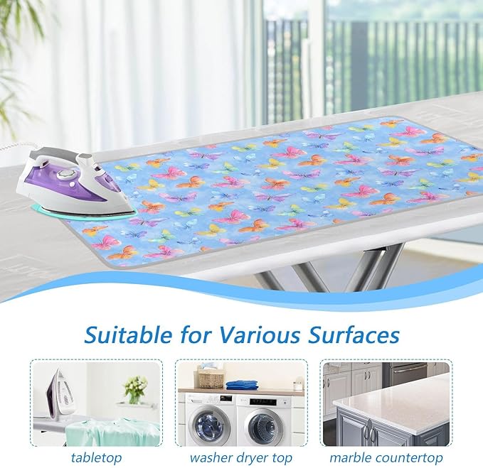 Ironing Mat Portable Ironing Pad Blanket with Silicone Iron Rest for Table Top Travel Heat Resistant Double-Side Using Large 47x28 Inch Foldable Colorful Watercolor Butterflies