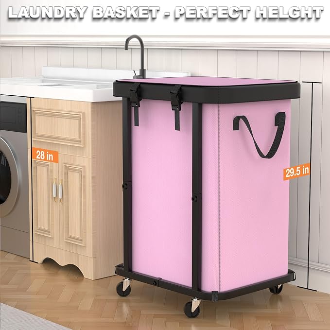 Laundry Basket with Wheels,150L (40 Gal) Rolling Hamper Carts - Pink | Leather Patchwork Laundry Hamper,Sturdy Metal Frame, Removable Washable Bag, Tall Clothes Sorter for Bedroom, Laundry Room