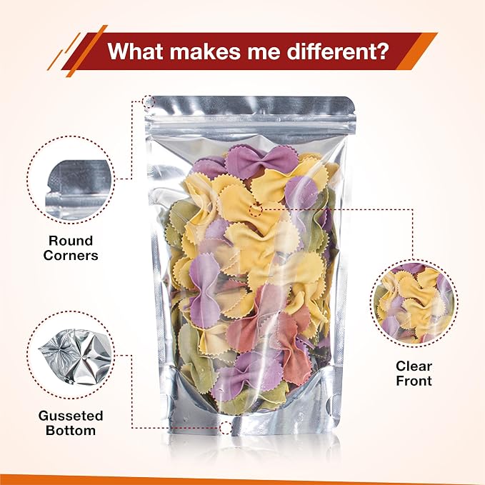 BELLE KR® Pint Mylar Bags for Food Storage - Pack Of 300-5x8-7.5mil Thick - Gusseted Bottom Clear Front Mylar Bags for Freeze Dryer - Labels Included