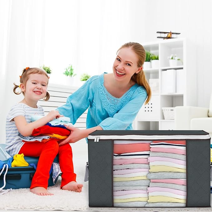 90L Large Storage Bags, 10 Pack Clothes Storage Bins Closet Organizers | Foldable Storage Containers, with Reinforced Handle, for Clothing, Blanket, Comforters, Bed Sheets, Pillows and Toys,Gray