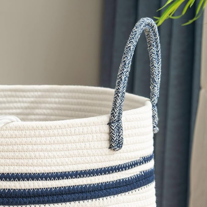 Woven Rope Laundry Hamper Basket by YOUDENOVA, 58L Tall Luandry Basket, Baby Nursery Hamper for Blanket Storage in Bedroom-Large-Blue | Large Woven Laundry Hamper with Sturdy Handles, Collapsible Home Decor Laundry Basket for Laundry, Clothes, Toys in ...