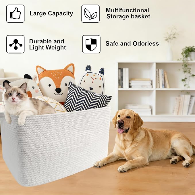 65L Large Laundry Basket with Handles,Woven Blanket Basket,White | 21"×16"×12" Collapsible Cotton Rope Storage Basket for Toys Clothes & Pillows, Nursery, Bathroom, Bedroom, Living Room