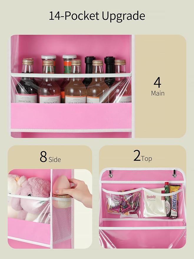 Yecaye 5 Tier Over the Door Organizer, Swing-proof Door Organizer Hanging with Clear PVC Windows, Behind the Door Storage for Bedroom Nursery Closet Laundry Pantry Bathroom, Pink