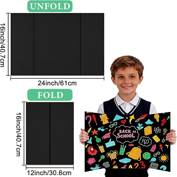 3-Pack Black Trifold Display Boards, 24 x 16 Inches Tri-Fold Corrugated Presentation Boards for Classroom Projects, Science Fairs, Business Events, and Exhibits