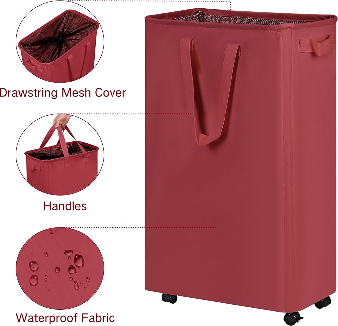 efluky Slim Laundry Hamper with Wheels, Rolling Laundry Basket for Clothes, Small Laundry Basket for Bedroom, Dorm and Laundry Room, 75L (19.8 Gallons) Red