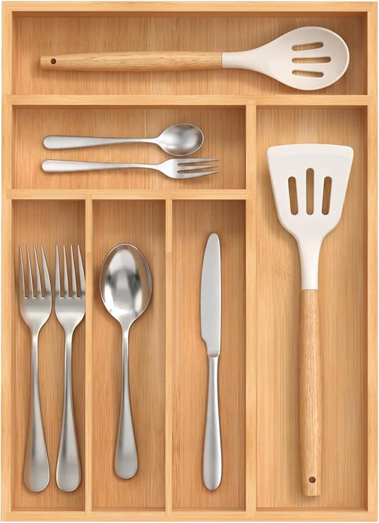 Bamboo Silverware Organizer, Kitchen Drawer Organizer, Utensil Holder, Cutlery Tray & Spoon Flatware Storage with Grooved Drawer Dividers (12''W x 16.5''D)