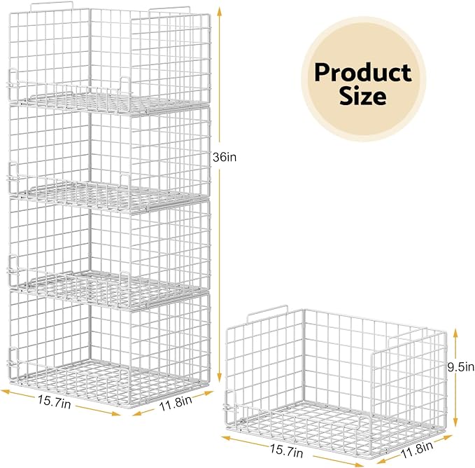 4-Tier Stackable Closet Organizers and Storage Basket - Foldable Closet Shelf Organizer System, Sturdy Metal Space-Saving Clothes Storage Bins for Wardrobe, White