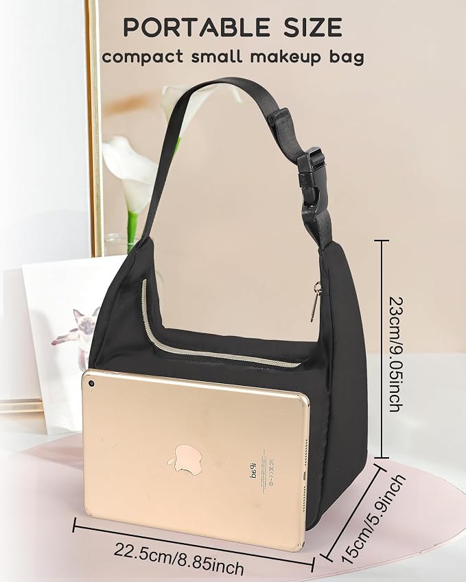 Relavel Portable Makeup Bag for Travel, Separate Makeup Brush Compartment | Cosmetic Shoulder Bag with Removable Buckle, Compact Toiletry Organizer Storage with 3 Small Pockets, Easy to Clean