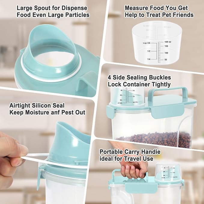 Dog Cat Food Storage Container, Pet Food Pourable Container Airtight with Large Spout & Cup, BPA-Free Plastic Food Dispenser for Pet Food, Bird Seed, Rice, Flour (Light Blue, 5L)