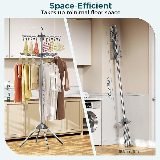 KINGBOARD 2-Tier Clothes Drying Rack, 72" H Drying Rack, 7 Rotatable Arms | 360° Rotatable Arms, 27 Hanger Holes, 24 Clips, Stainless Steel, Tool-Free Setup, Portable for Travel & Home, 30lbs Hold