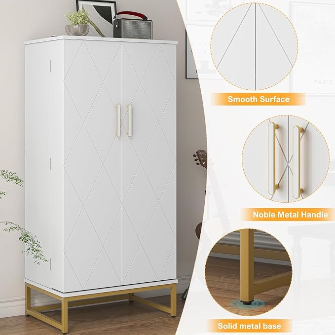 kepptory 51” Kitchen Pantry Storage Cabinet with Diamond Design, White Freestanding Pantry Cabinets with Golden Base and Handles, Buffet Cupboards Cabinet with 6 Adjustable and Large Storage Space