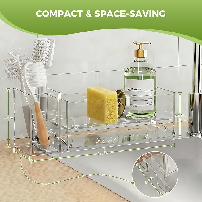 Clear Acrylic Kitchen Sink Caddy Organizer, Auto Drain Sponge Holder | Holds high brush & dish soap dispenser. Countertop storage essentials keep your sink dry, rustproof & easy to clean.