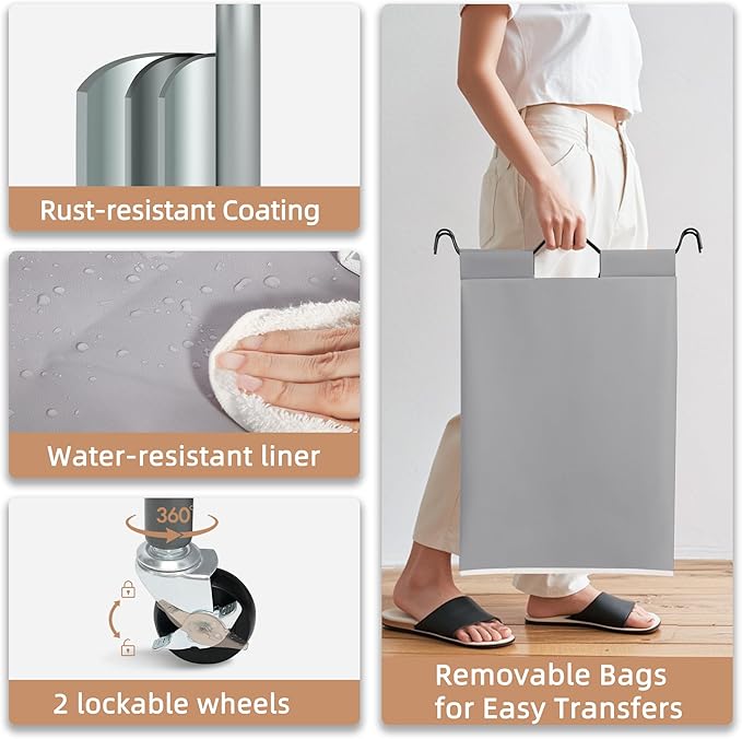 STORAGE MANIAC 5 Section Laundry Sorter, 5 Bins Rolling Separator Laundry Basket, Dirty Clothes Hamper Divider with Heavy Duty Lockable Wheels, Large Clothes Organizer Cart, Gray