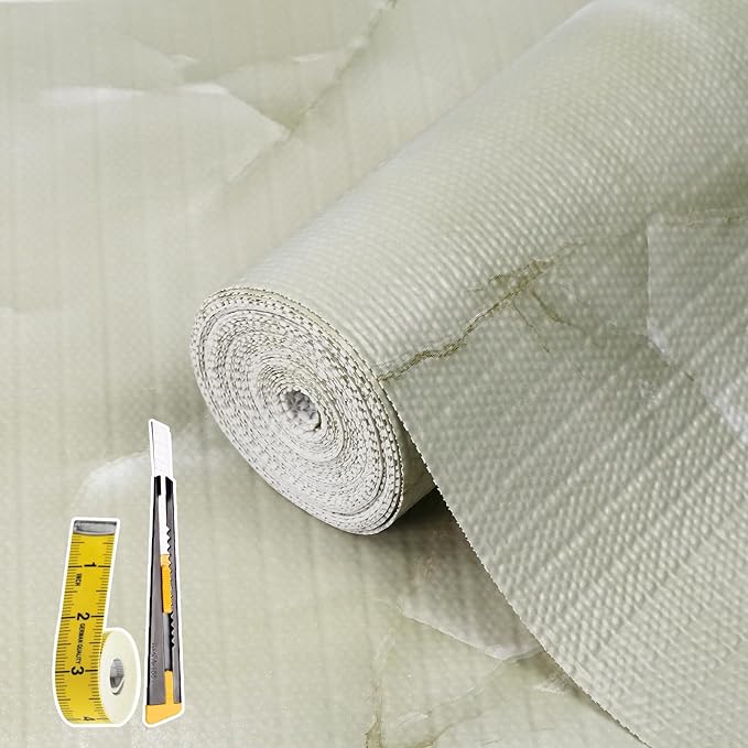 2-Layer Drawer and Shelf Liner for Kitchen Cabinet: 17in X 30Ft Non Slip | Waterproof Shelf Paper Non Adhesive Refrigerator Liners Cyan Marble Easy Liners for Bathroom with Knife Tape Measure