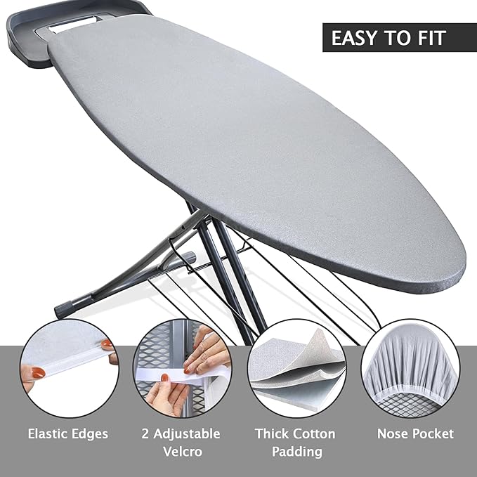 SheeChung Ironing Board Cover and Pad 18x54,Extra Thick Cotton Cover,Scorch and Stain Resistant Large Iron Board Cover with Padding,Wide Ironing Cover with Adjustable Fasteners and Velcro,Silver Grey